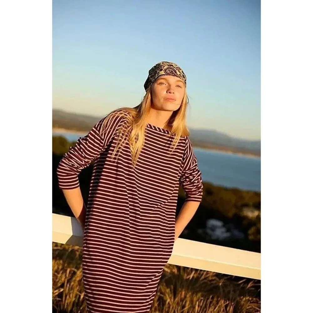 Free People Free Est Tivoli Maxi Dress Striped Printed Oversized Cotton M 286403